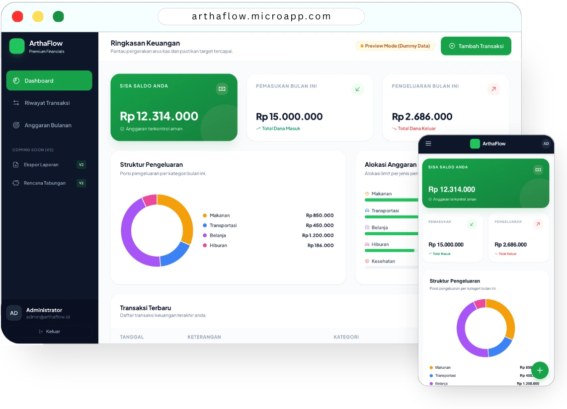 Tampilan aplikasi ArthaFlow di desktop dan HP
